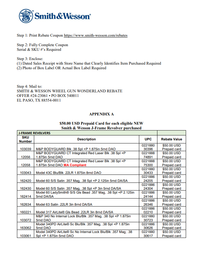 Smith And Wesson Rebate Models